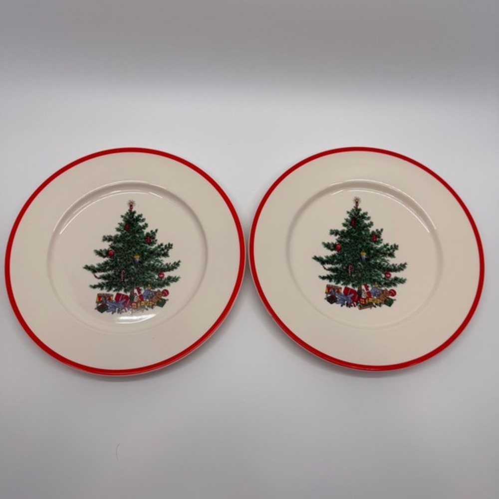 Vtg 80s Taylor Smith & Taylor 2 Dinner Plates 10" Holly & Spruce Christmas Tree
